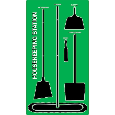 5S Supplies 5S Housekeeping Shadow Board Broom Station Version 4 - Green Board / Black Shadows With Broom HSB-V4-GREEN-KIT